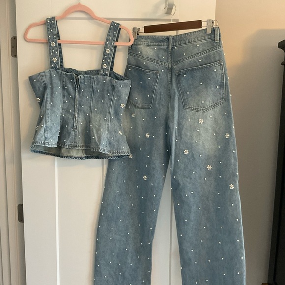 Steve Madden Light Blue Denim Pearl & Daisy Embellished Corset Top and Jeans Set - Picture 5 of 5